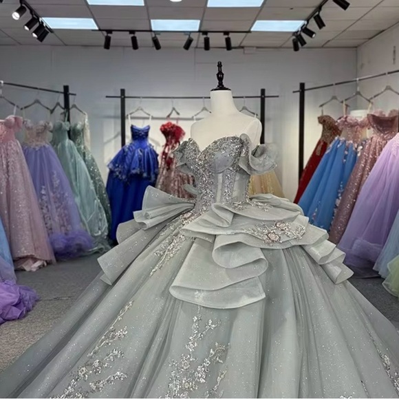 Elegant Gray Off-Shoulder Gown with Beaded Details - Picture 5 of 5